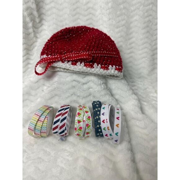 Crochet Beanie newborn - 6 months, red, white, and ribbon accented hat. Handmade - Picture 6 of 7